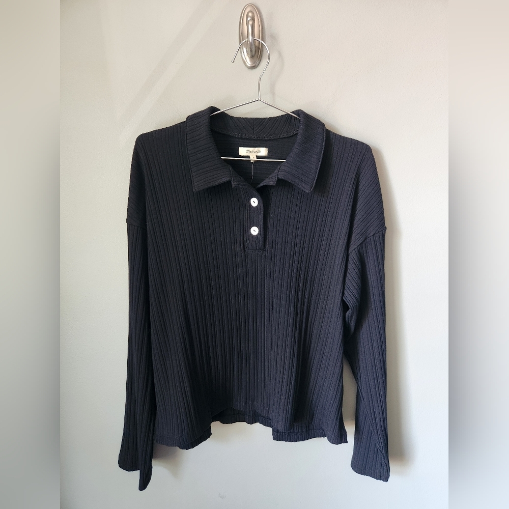 Madewell Variegated Rib Boxy Polo Shirt Black Size Medium NWT